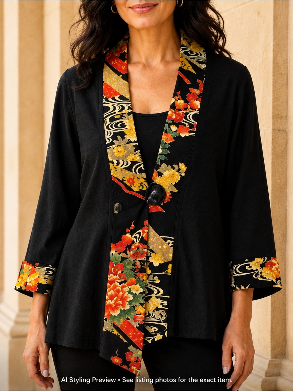 Soft Surroundings M Black Floral Art to Wear Kimono Jacket Topper